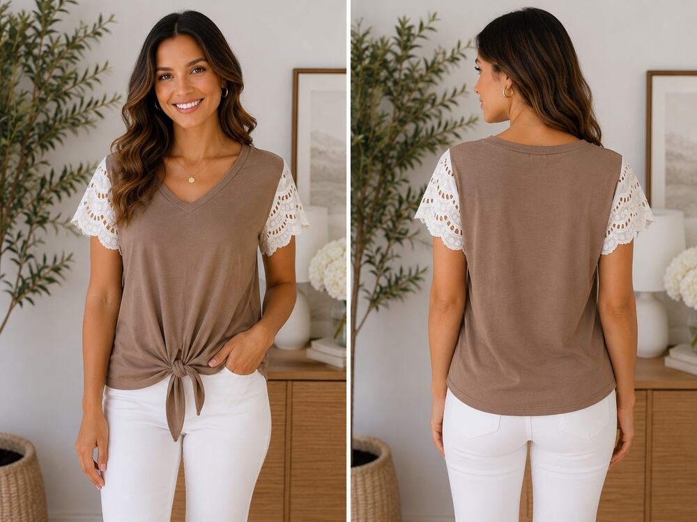 Grace & Emma Sweet Brand Taupe V Neck Top White Lace Sleeves Tie Front Size M
